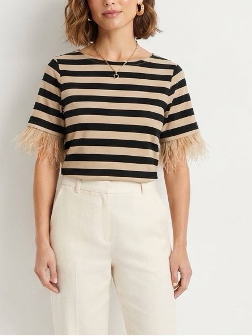 NWT J.Crew Stripe Ostrich Feather Cuff T-Shirt Top Boatneck Tan Black❤️